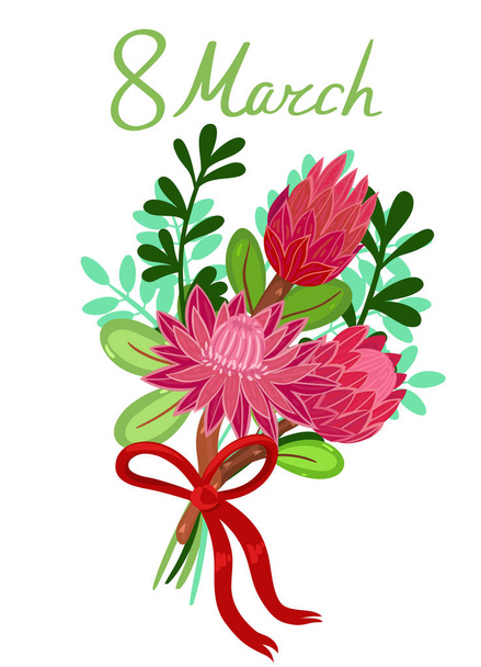 Greeting card with a bouquet of protea and the inscription March 8. Vector graphics. - Vector, afbeelding