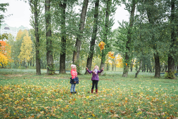 szczęśliwe małe dziecko, dziewczynka śmieje się i bawi jesienią na spacerze natury - Zdjęcie, obraz