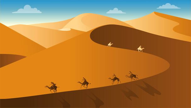 Flat landscape design vector illustration with desert, caravan o - Vector, Image