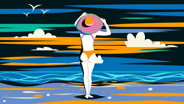 Summer vacation vector illustration. Woman in wide-brimmed hat i - Vektori, kuva