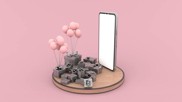 Okostelefon fehér képernyő tárgyak előtt, Sok ezüst ajándék dobozok elhelyezve a padlón És néhány rózsaszín lufik kötve az ajándék doboz, elszigetelt rózsaszín háttér, illusztráció, 3D-s renderelés. - Fotó, kép