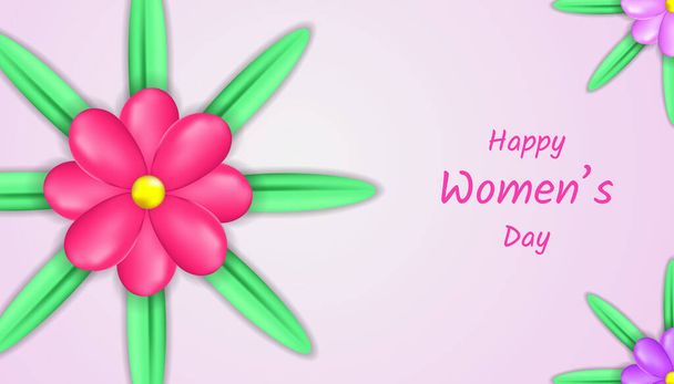 Ευτυχισμένο γυναικείο φόντο με λουλούδι, φύλλο χαρτί κομμένο 3d floral διακόσμηση σε ροζ, μωβ και λευκό χρώμα - Διάνυσμα, εικόνα
