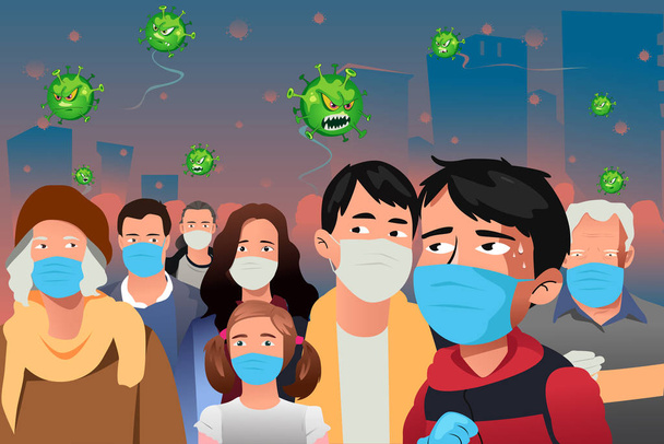 Virus Epidemic Attacking People Wearing Masks Vector Illustratio - Vector, Image