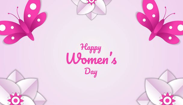 Happy women's day background with flower, butterfly paper cut 3d floral decoration in pink and white color - Διάνυσμα, εικόνα