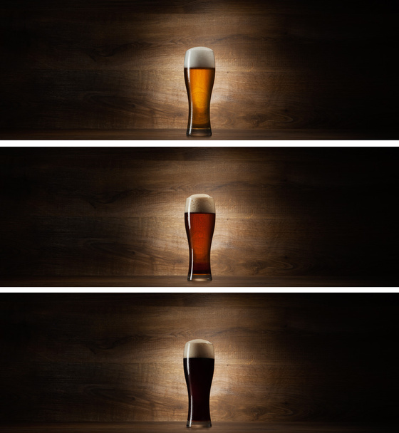 Bière en verre sur fond bois avec copyspace - Photo, image