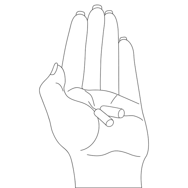 Lady holds capsules in the palm of her hand. Vector. Female hand and pills. Medicines prescribed by your doctor. The patient is taking a dose of the drug. It is treated for a disease. Outline on an isolated background. Coloring book. Medical. Sketch. - Вектор,изображение