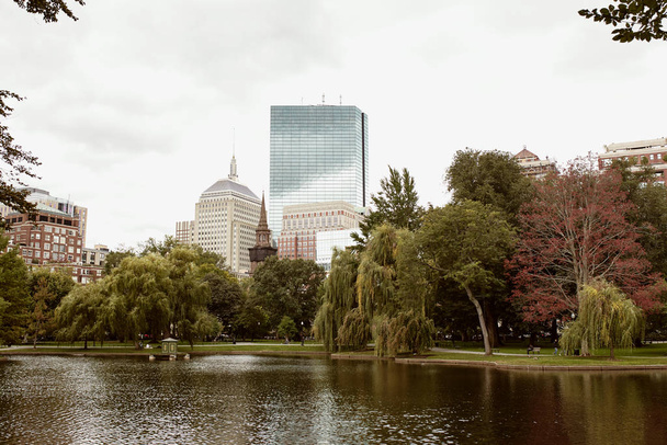Λίμνη που περιβάλλεται από πλούσια φυλλώματα στο Boston Public Garden στη γειτονιά Back Bay της Βοστώνης, Μασαχουσέτη - Φωτογραφία, εικόνα