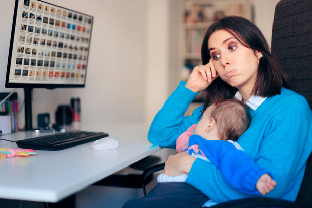Tired Freelancer Mother Working From Home with Baby - Fotografie, Obrázek