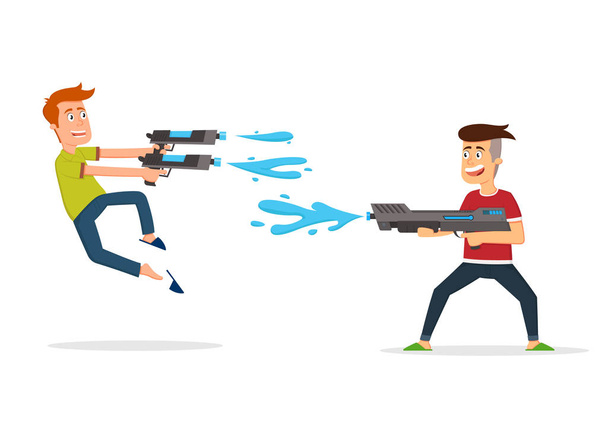 Zwei Jungen haben Spaß dabei, sich mit Spielzeug-Wasserpistolen zu erschießen. - Vektor, Bild