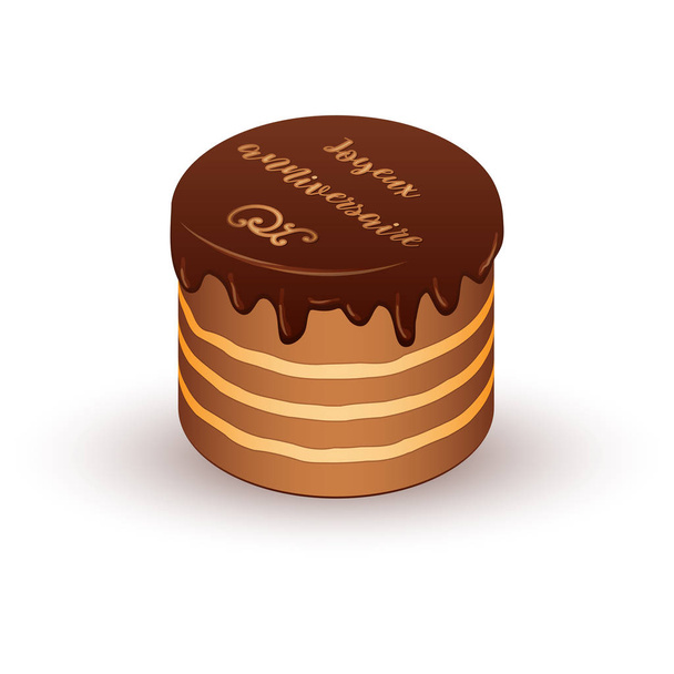 Isometrische chocoladetaart met de inscriptie Gelukkige verjaardag op franse taal. Gelukkige verjaardag, vakantie concept. Vector illustratie. Wenskaart ontwerp. - Vector, afbeelding