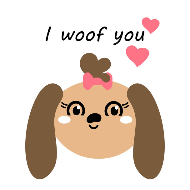 Cute dog with long ears and a pink bow. I woof you, text. Vector animal Head. Kawaii . The flat design is isolated on a white background. Design greeting cards for birthday, Valentine's day and more - Vector, Image