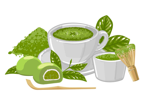 Чашка чаю мача в оточенні порошку, віночка, листя і мочі
 - Вектор, зображення