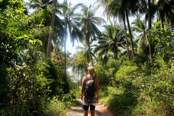 man with backpack in incredible lush, tropical jungle in thailand - Zdjęcie, obraz