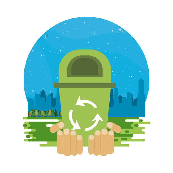 hands lifting waste bin with recycle arrows - Vector, Image