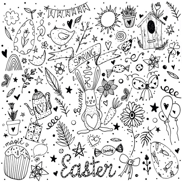 Húsvéti és tavaszi ikonok fekete vonala. Kézzel rajzolt illusztráció. Tavaszi elemek üdvözlőlapokhoz, plakátokhoz, bannerekhez és szezonális formatervezéshez. Fehér alapon elszigetelve - Fotó, kép