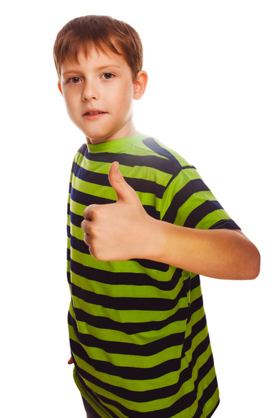Blond child toddler boy in striped shirt, holding his fingers up - Fotoğraf, Görsel