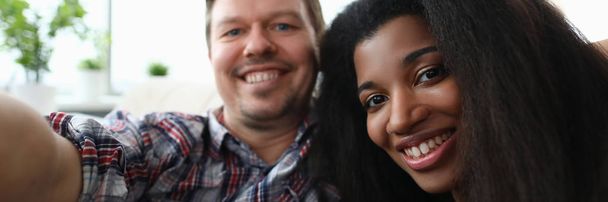 Diverse millennial couple people make face selfie - Photo, Image