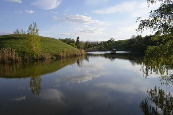 в летнее время зеленые газоны и деревья над рекой и в реке, отражающие голубое небо
  - Фото, изображение