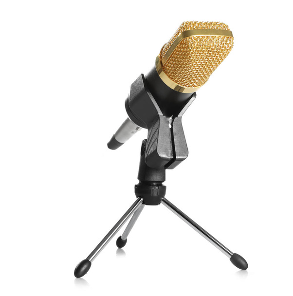 Modern microphone isolated on white. Journalist's equipment - Photo, Image