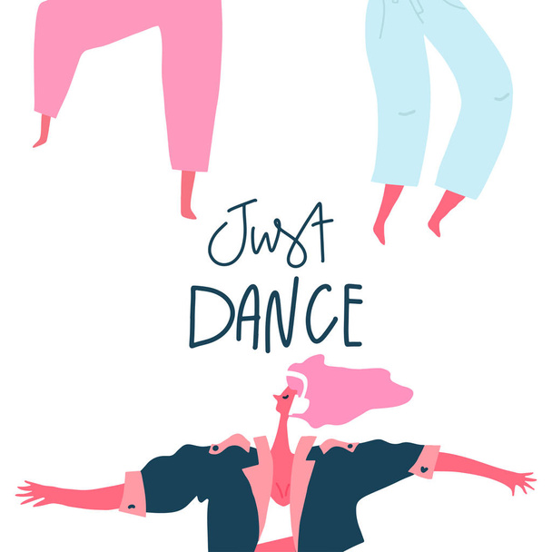 Tanzendes Mädchen mit Kopfhörern und handgezeichnetem Satz: einfach tanzen. beweglicher Körper - Vektor, Bild