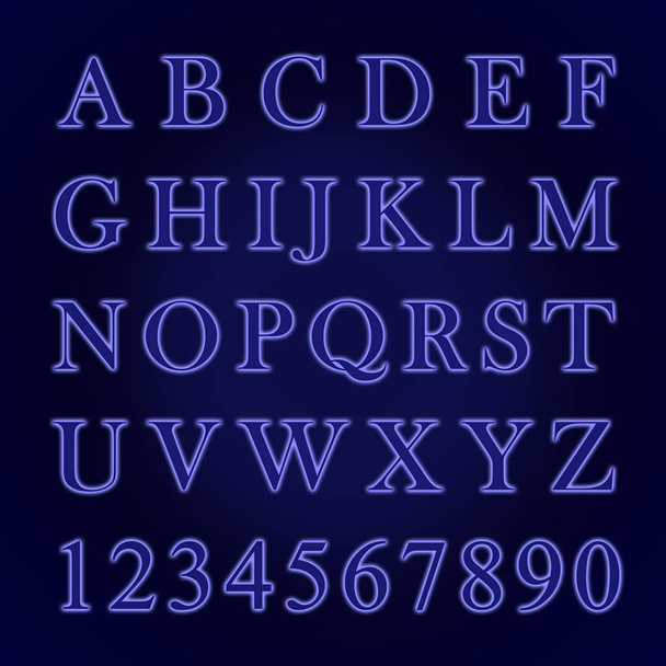 Alfabeto fluorescente al neon con lettere da A a Z e numeri da 1 a 0. Tendenza colore anno 2020 blu
. - Foto, immagini