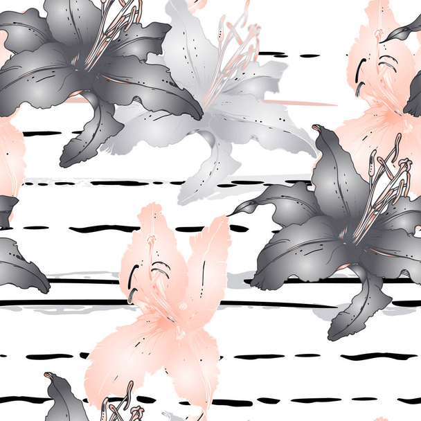 Floral Black and White Seamless Pattern. Stripe - Vetor, Imagem