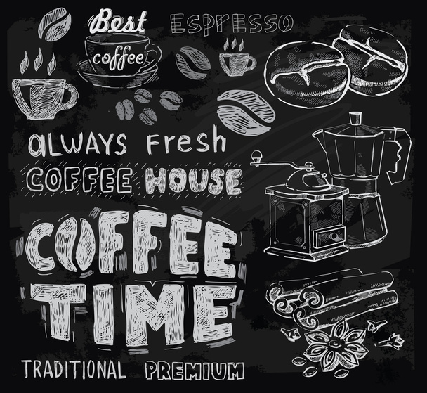 Coffee on chalkboard - Vector, Image