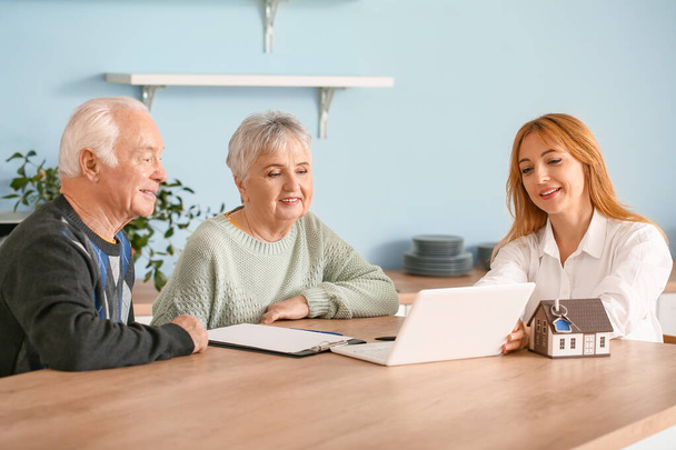 Female real estate agent working with senior couple indoors - Photo, Image