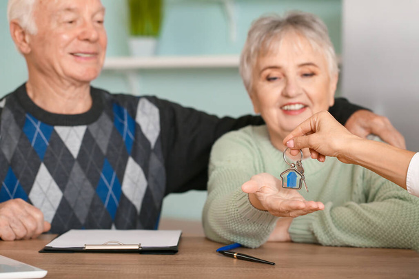 Real estate agent giving a key from new house to senior couple - 写真・画像