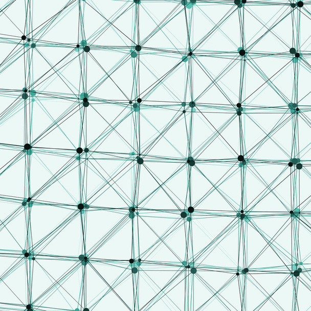 緑の背景に線と点が接続された抽象的な多角形の低ポリパターン - ベクター画像