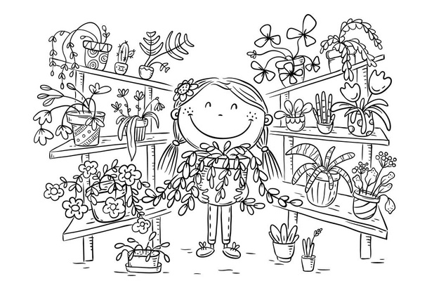 彼女の植物コレクションと温室内の女の子 - ベクター画像