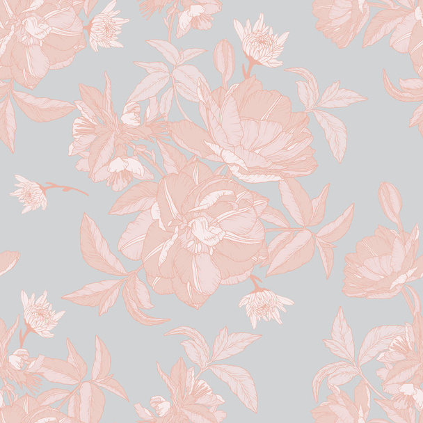 Vector floral seamless pattern with watercolor tulips, chrysanthemums and apple blossom - Vetor, Imagem