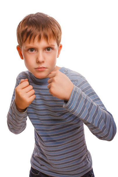 Bad bully child boy blond angry aggressive fights in striped sh - Photo, Image