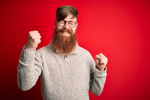 Homme rousse irlandais beau avec barbe portant pull décontracté et des lunettes sur fond rouge très heureux et excité de faire geste gagnant avec les bras levés, souriant et criant pour le succès. Concept de célébration
. - Photo, image