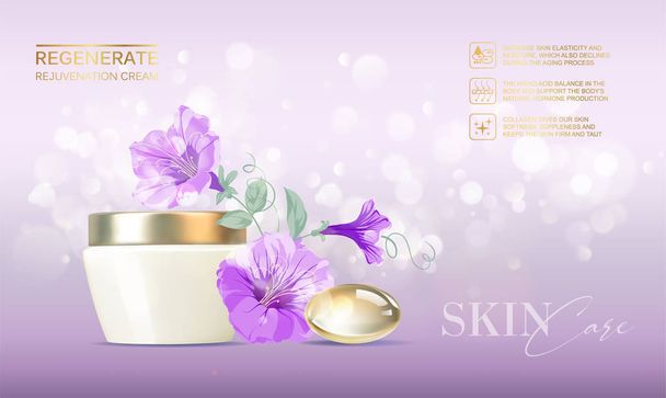 Jar of cream on bokeh background and flowers of bluebell. Regenerate face cream and Vitamin complex concept. Moisturizer with Vitamins and Regenerate Cream. - ベクター画像