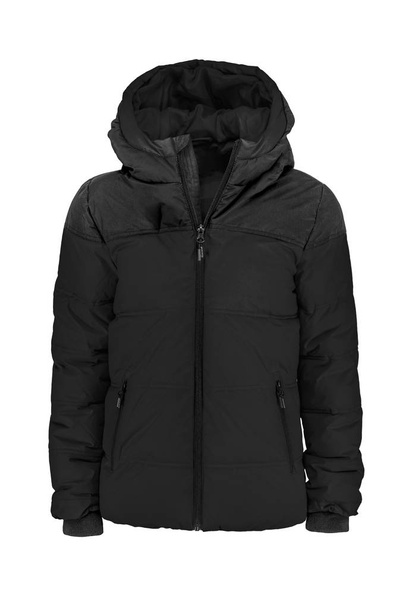Men's black hooded warm sport puffer jacket isolated over white background. Ghost mannequin photography - Photo, Image