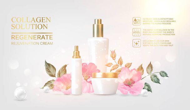 Peony cosmetic label of organic cosmetic and skin care cream. Peonies oil and cream. Moisturizer with Vitamins and Regenerate Cream containes rose essence. Beauty skin care design over pink - Vector, Image