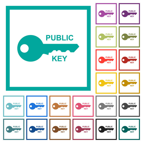 öffentliche Schlüssel flache Farbsymbole mit Quadrantenrahmen - Vektor, Bild
