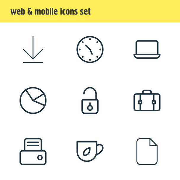 illustration of 9 workplace icons line style. Editable set of printer, tea, laptop and other icon elements. - Foto, Imagen