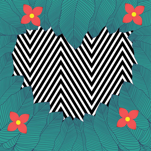 Trendy hand drawn pattern with colorful banana leaf drawn outline on geometric black and white background. Tropical leaves, jungle pattern. Sketch floral botany set. Cute vector illustration. - Вектор, зображення
