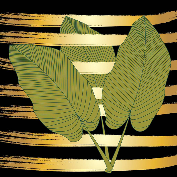 banana leaves on a black background and golden vector stripes, modern vector illustration, tropical palm leaves, exotic pattern. - Вектор, зображення