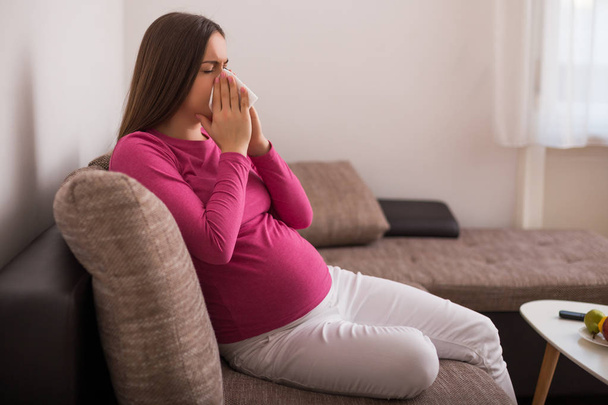 Exhausted pregnant woman  blowing nose. - Photo, Image