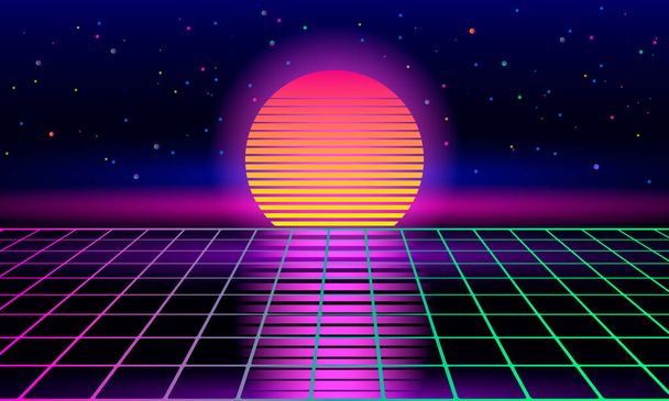 Ρετρό sci-fi φόντο της δεκαετίας του '80 και του' 90 με ανατολή ή ηλιοβασίλεμα ρετρό ήλιο. Φουτουριστικό κύμα συνθεσάιζερ. - Διάνυσμα, εικόνα