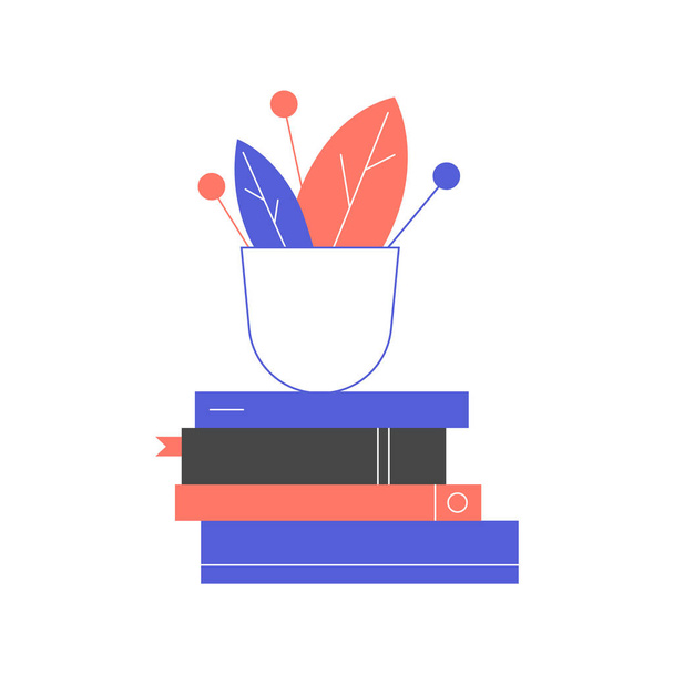 A pot of flower on a pile of books. - Vector, Image