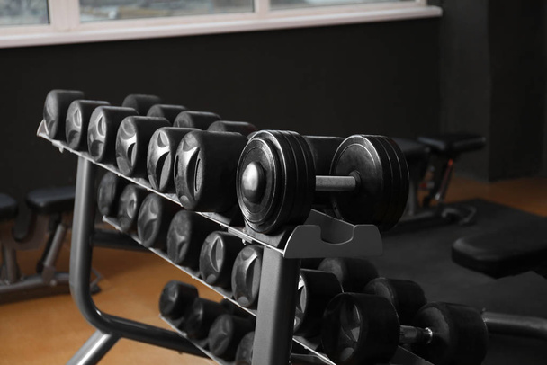 Dumbbells on rack in gym. Modern sport equipment - Foto, Bild