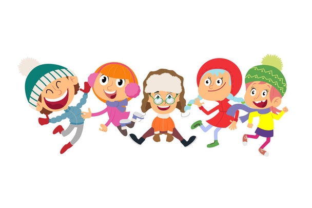 young children jump and enjoy in winter clothes. - Vector, Image