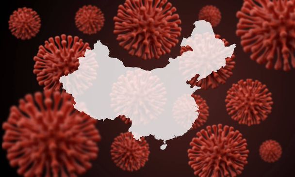 China map over a scientific virus microbe background. 3D Rendering - 写真・画像