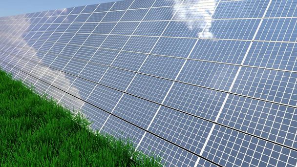 Solarzellen Hintergrund von Photovoltaik-Modulen für erneuerbare Energien. Wolken und blauer Himmel im Spiegel. alternative Stromquelle. 3D-Darstellung. 3D-Illustration - Foto, Bild