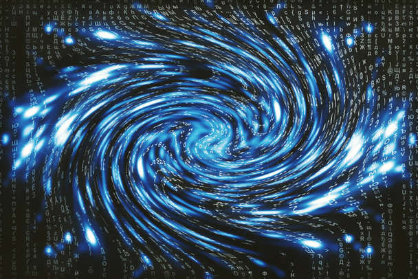 Blue matrix digital background. Distorted cyberspace concept. Characters fall down in wormhole. Hacked matrix.  - Photo, Image