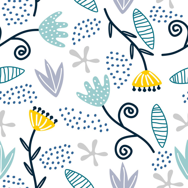 Seamless repeat pattern with flowers and leaves, scandinavian childish drawing background. Hand drawn fabric, gift wrap, wall art print. Vector illustration repeated cute design. - Vector, afbeelding